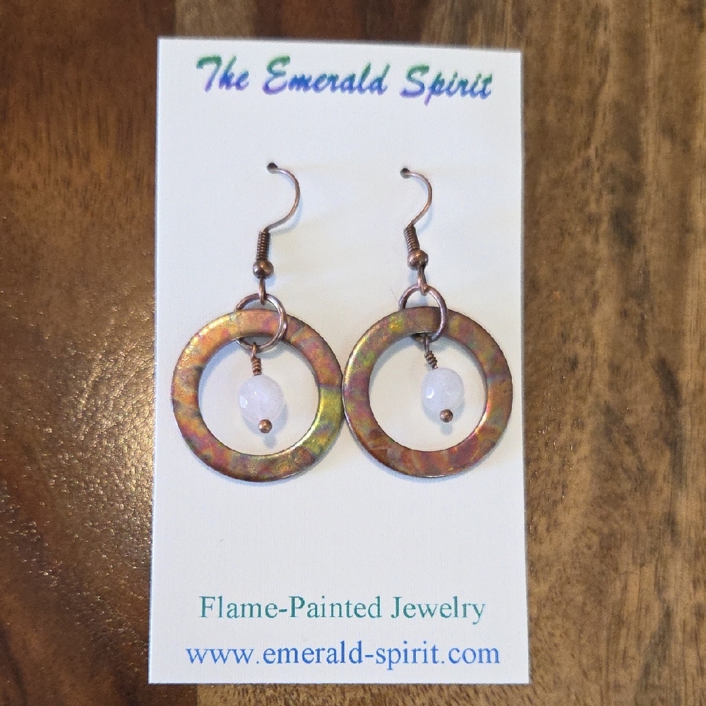 Flame-Painted Copper Circle Earrings With Rose Quartz Bead